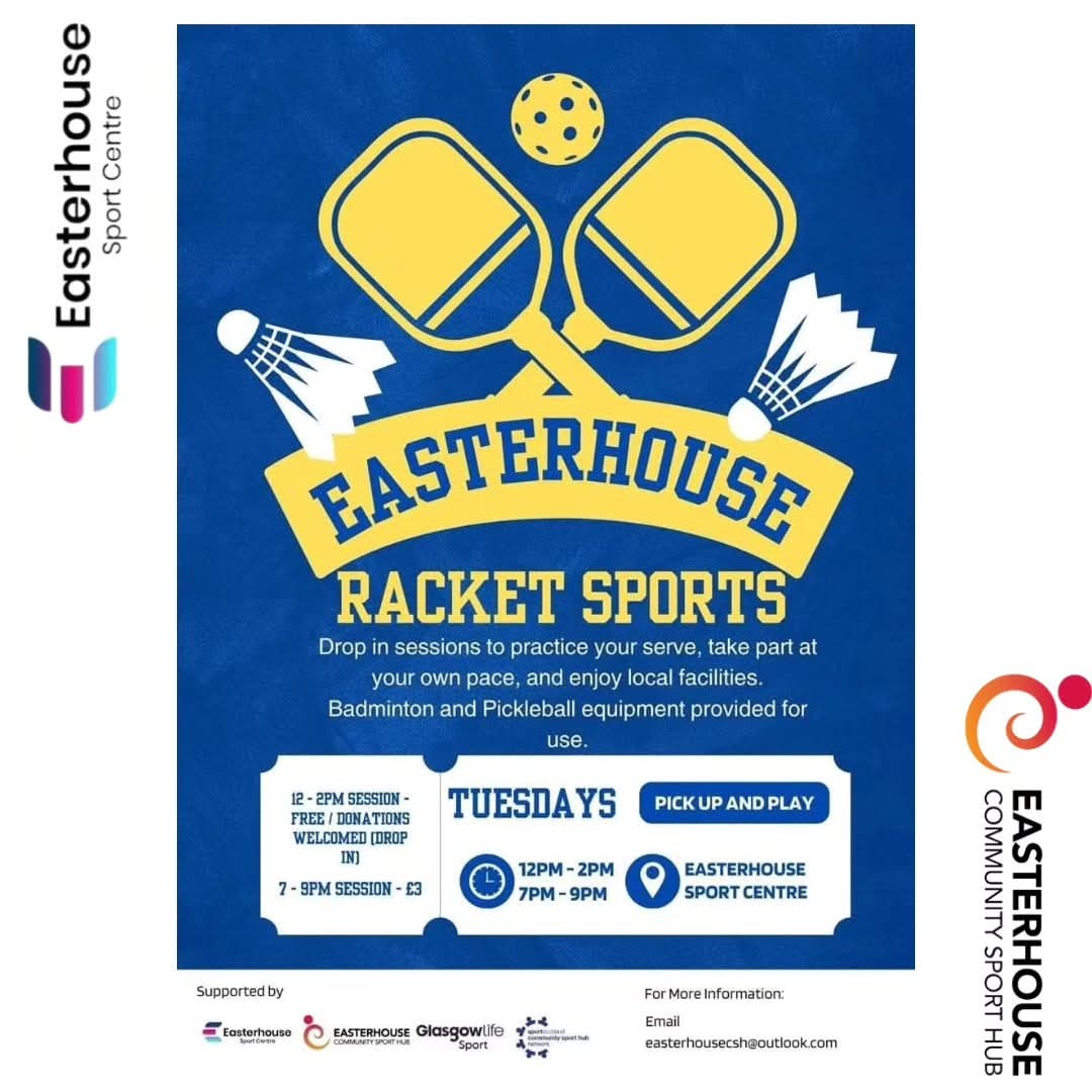 Easterhouse Sport Centre (@easterhouse_sc) on Twitter photo Tuesday Racket Sports 👏🏼
🔥 12–2 PM | FREE
🌙 7–9 PM – just £3pp
Coaching on hand | All equipment sorted | Everyone welcome!
Whether you're a total beginner or a sneaky pro, come along for a laugh!
#PickleballVibes #BadmintonBuzz
<a href="/EasterhouseCSH/">Easterhouse CSH</a> Tuesday Racket Sports 👏🏼
🔥 12–2 PM | FREE
🌙 7–9 PM – just £3pp
Coaching on hand | All equipment sorted | Everyone welcome!
Whether you're a total beginner or a sneaky pro, come along for a laugh!
#PickleballVibes #BadmintonBuzz
<a href="/EasterhouseCSH/">Easterhouse CSH</a>