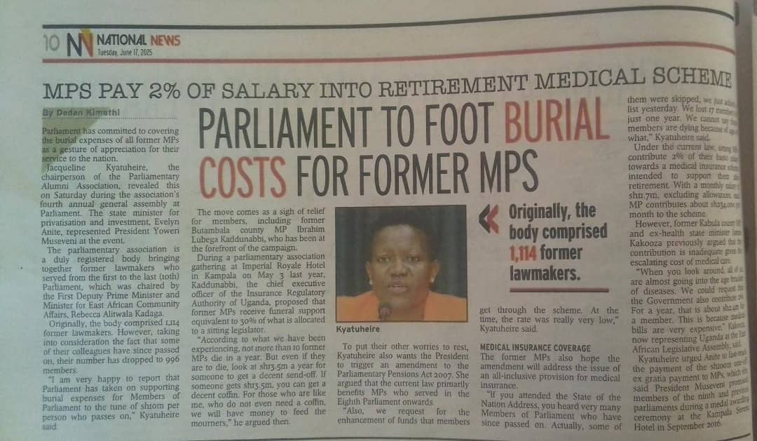 Jacqueline Mbabazi (@jacquedavids1) on Twitter photo While it’s important to honor former MPs, fully funding their burial costs using taxpayers’ money seems unfair when many ordinary Ugandans can't even afford basic healthcare or dignified burials.
<a href="/newvisionwire/">The New Vision</a>
<a href="/dedankimathi21/">Dedan Kimathi🇰🇪</a> While it’s important to honor former MPs, fully funding their burial costs using taxpayers’ money seems unfair when many ordinary Ugandans can't even afford basic healthcare or dignified burials.
<a href="/newvisionwire/">The New Vision</a>
<a href="/dedankimathi21/">Dedan Kimathi🇰🇪</a>