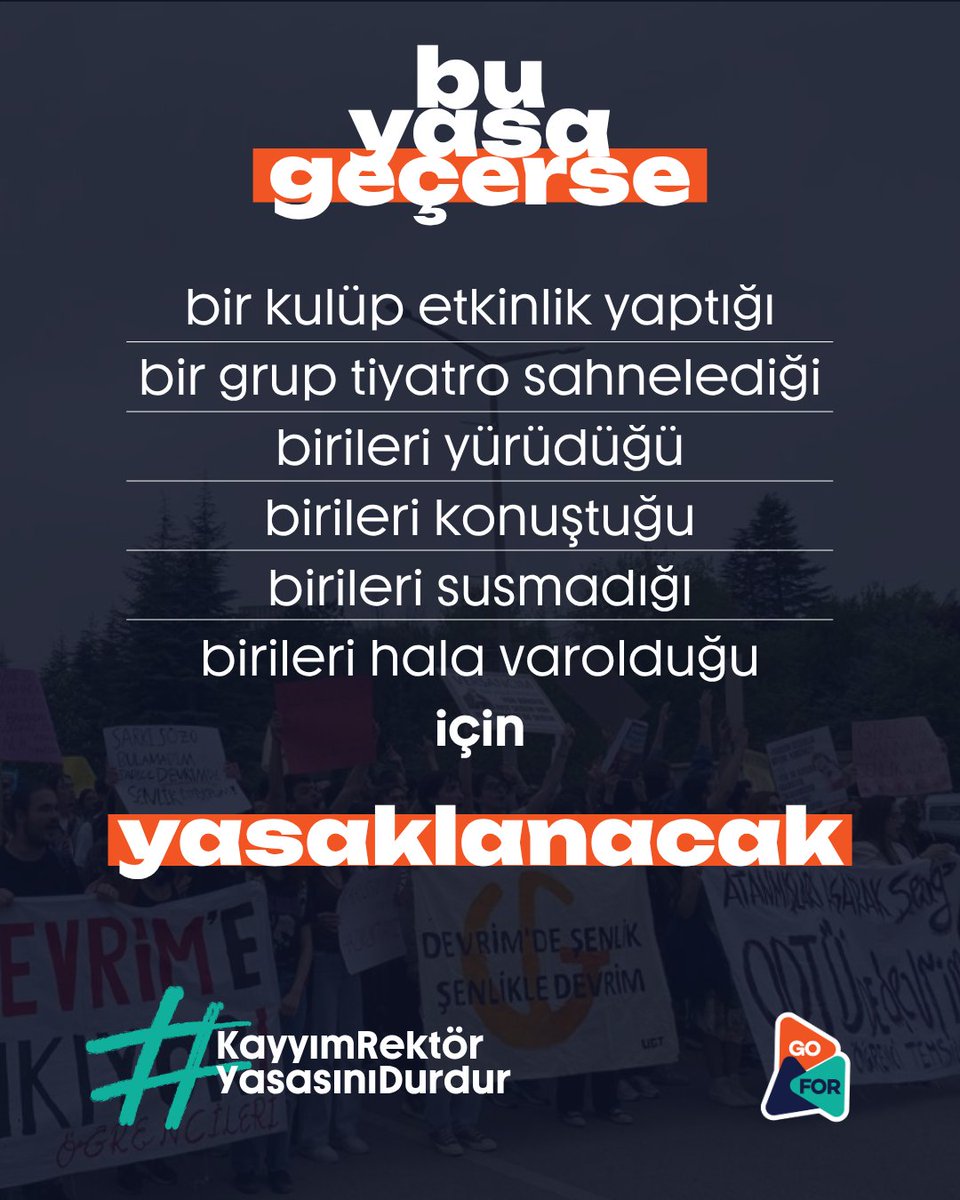 📌 Bugün bir kulüp kapatılıyor, yarın bir öğrenci cezalandırılıyor.
Kimi zaman bir sözü yüzünden, kimi zaman bir şenlik nedeniyle.

Ve şimdi tüm bu baskı pratiği, Meclis’te kanunlaştırılmak isteniyor.

Bu yasa geçerse:
✔️Yasaklar olağan hale gelecek
✔️ Etkinlik yasakları yasal