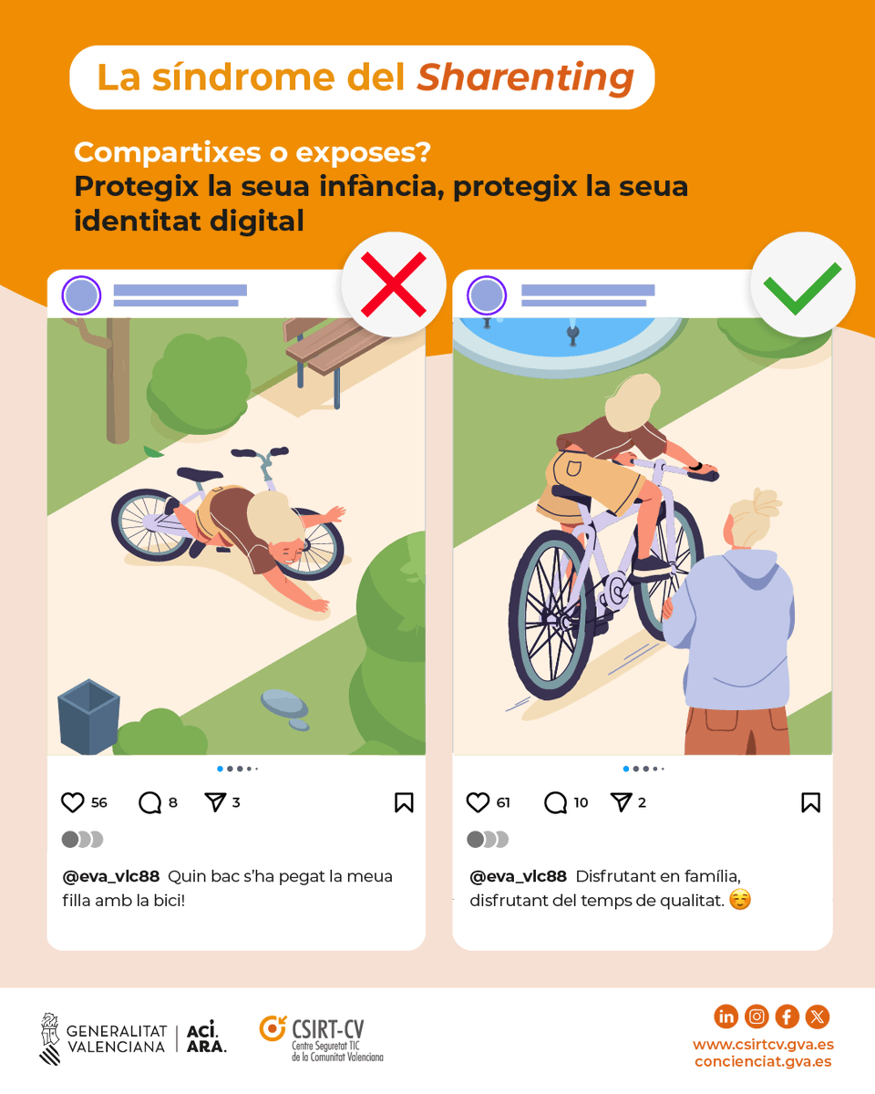 👌 Consell: demana consentiment al menor (si ja pot donar-lo). És una bona pràctica que reforça el respecte a la seua privacitat i autonomia.

⚠ Risc: exposar un moment emocional delicat del xiquet pot provocar riscos. 
🔗 Consulta la nostra campanya La síndrome del #Sharenting