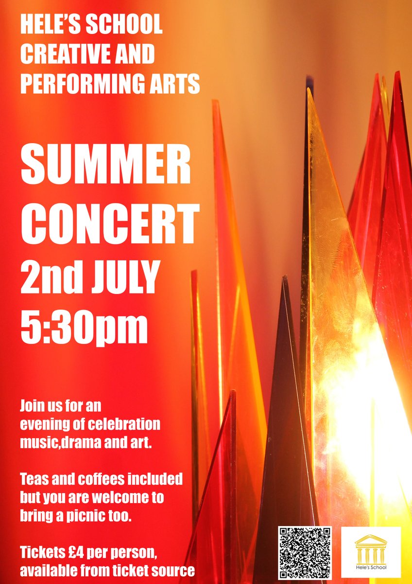 Join us for our Summer Concert on Wednesday 2nd July at 5.30pm for an evening of Art, Drama and Music. 
£4pp. Click on the QR code below to book your space.  
#teamheles
<a href="/HelesDrama/">Hele'sDramaDept</a>
<a href="/MissLocke5/">Miss Locke</a>
<a href="/DavesTech0/">Daves_Tech</a>
<a href="/High_Heles/">Justine Mason</a>
<a href="/AAyres_Heles/">A Ayres</a>
<a href="/westcountryST23/">Westcountry Schools Trust</a>