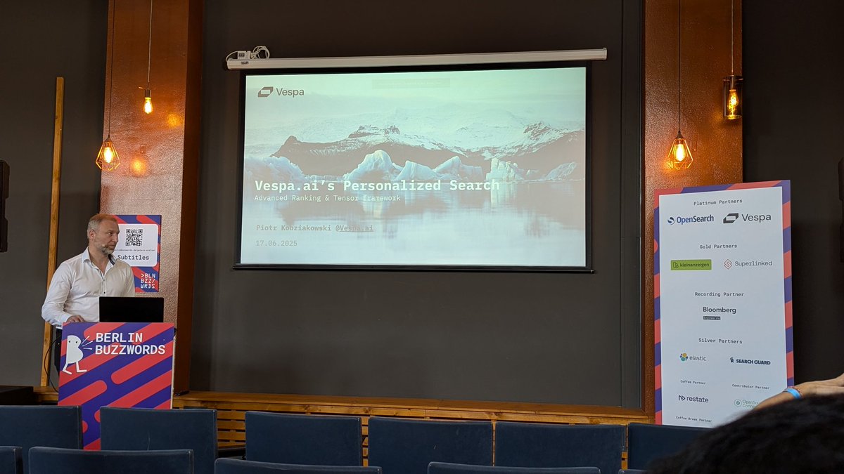 ravo's tweet photo. Piotr from @vespaengine presenting a talk on personalized search in e-commerce! 
#bbuzz #BerlinBuzzwords https://t.co/zwCoBVgqAw