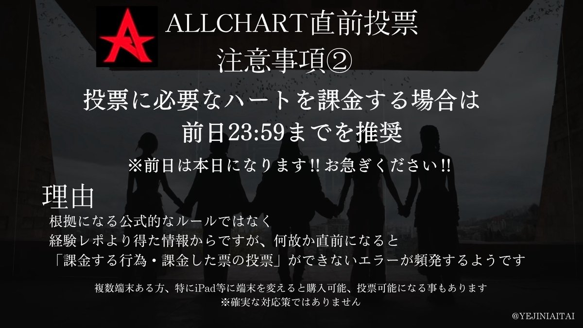 YEJINIAITAI's tweet photo. 🚨ALLCHART直前投票・注意事項🚨
🚨投票に参加する全MIDZYへ🚨

6/18 AM11:00に〆切るミューバン事前投票について
直前に非常に怖いトラブルやエラーが起こりそう…ということで事前に投票チームのMIDZYさんが収集してくれました‼️
⚠️多くの人に目を通してもらいたいです⚠️
投票勝ちましょう🏆
#ITZY https://t.co/ZhWdqNUlRq