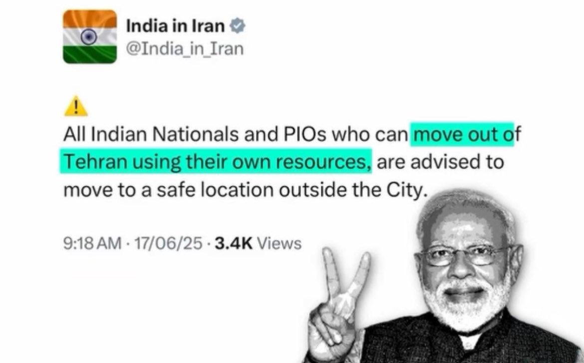 Indians in Tehran: Please help us and take us out..

Bjp&amp;Modi Govt : Manage yourself.

And blind devotee call him : Vishwaguru 🤡

#Iran
#PMModiInCanada
#tahran