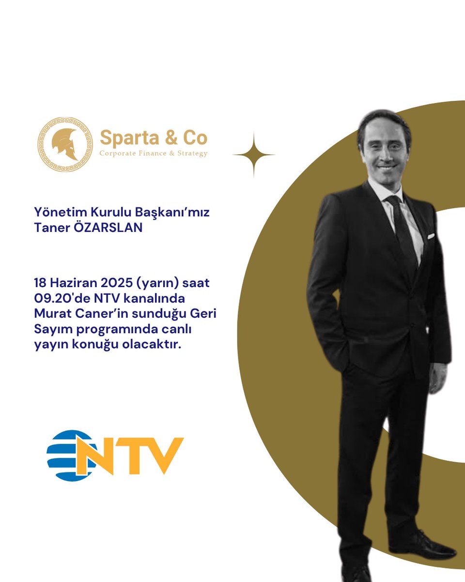 Yönetim Kurulu Başkanımız Taner Özarslan yarın saat 09.20'de NTV ekranlarında Murat Caner'in sunduğu "Geri Sayım" programından stüdyoda canlı yayın konuğu olacaktır. Keyifli seyirler!