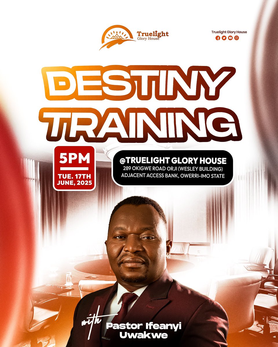 At the core of our service to God in Truelight Glory House is a culture of training for effective service.

Join us this evening by 5PM for our Destiny Training  Service as we get equipped with the word. 

Extend an invitation to a friend and see you in church.