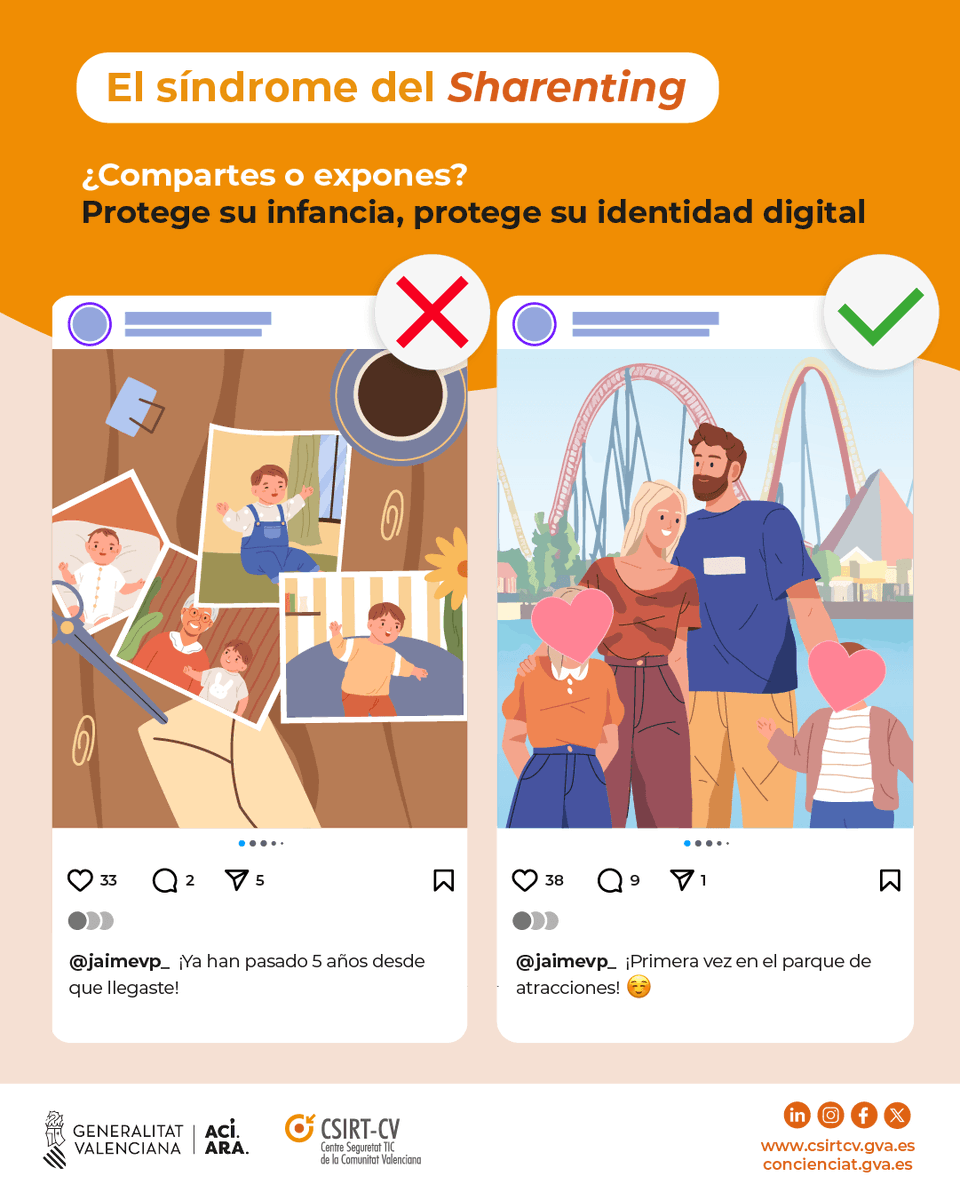 👌 Consejo: Controla la huella digital 👣

⚠ Riesgo:  Compartir constantemente su crecimiento y vida privada puede generarle vergüenza o consecuencias futuras. Decide con cuidado qué tipo de imagen pública estás construyendo para él o ella.

🔗 Consulta nuestra campaña El