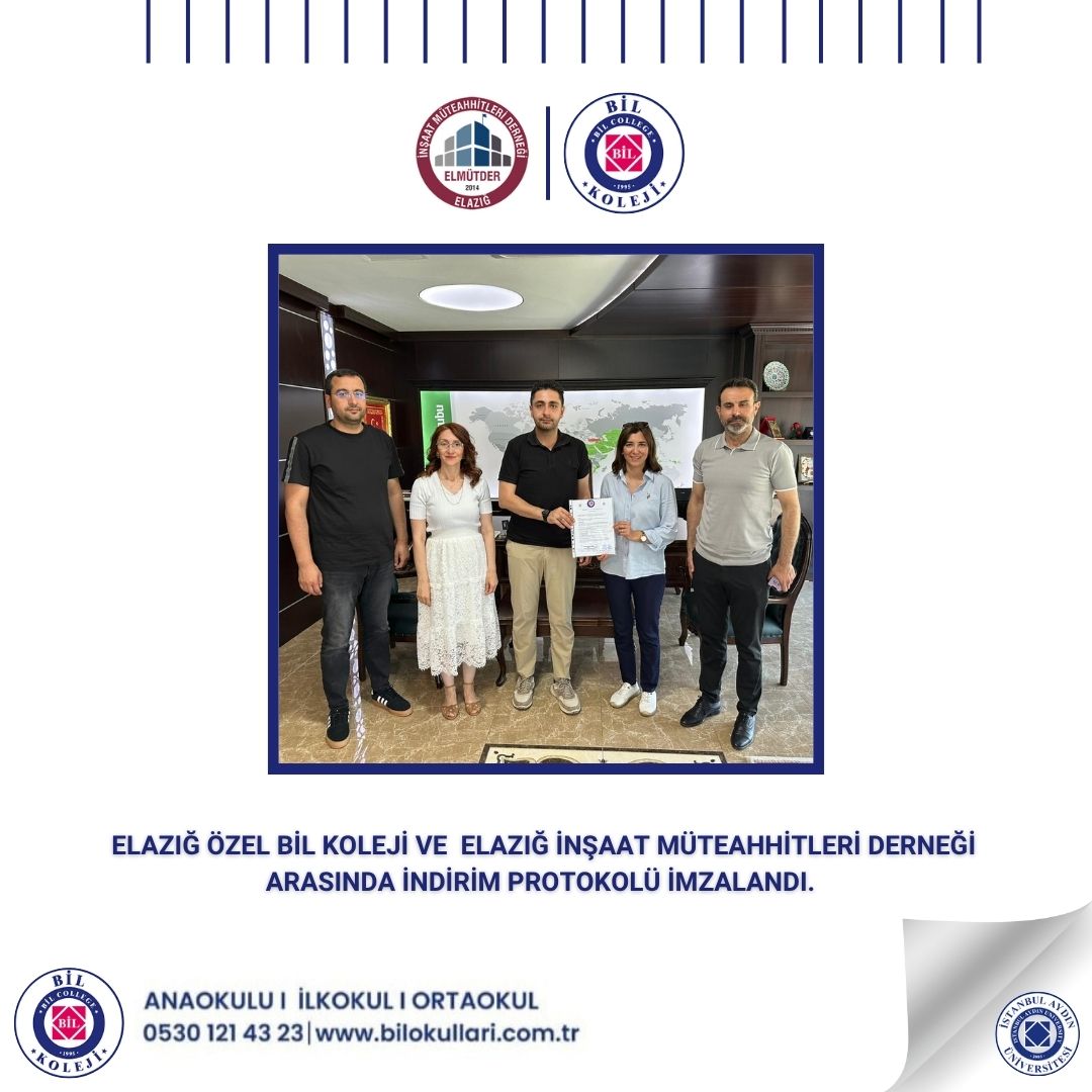 Elazığ İnşaat Müteahhitleri Derneğimiz ile  Elazığ Özel Bil Koleji arasında üyelerimize Eğitim Üzerinden %20  indirim protokolü imzalanmıştır.

 ELMÜTDER Ailesine Hayırlı olması temennisi ile bilgilerinize sunarız.
<a href="/MiraAYAZ6/">Miraç AYAZ</a> 
<a href="/bilkolejleri/">BİL Koleji</a> 
<a href="/BilKolejielazig/">Bilkolejielazig</a>