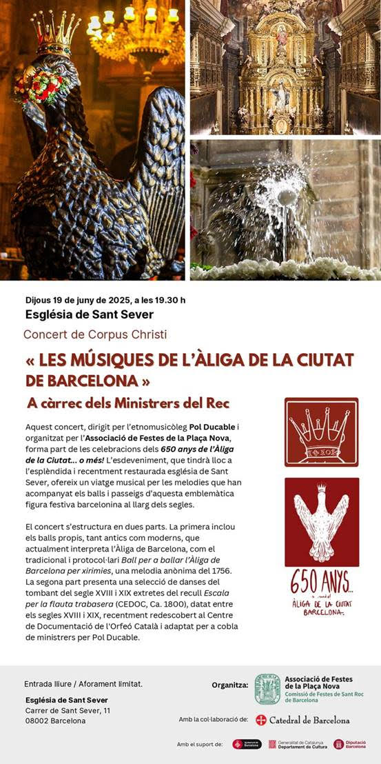 No us perdeu el concert de Corpus: «Les músiques de l’Àliga de la Ciutat»
🗓️ Dijous 19/6 a les 19.30h
📍 Església de Sant Sever, Barceloma
Amb els Ministrers del Rec i direcció de <a href="/Pol_Ducable/">Pol Ducable Rogés</a>, un viatge sonor per la dansa i la història de l’Àliga de Barcelona.