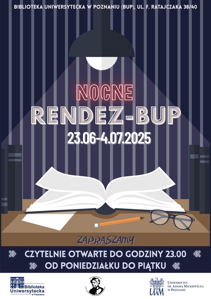 #sesjaletnia #BUP
Raj dla nocnych marków w Bibliotece Uniwersyteckiej w Poznaniu! Czytelnia Nauk Humanistycznych oraz Czytelnia Nauk Społecznych będą czynne do godziny 23.00. Akcja trwa podczas letniej sesji egzaminacyjnej 23.06 – 04.07.2024 r. od poniedziałku do piątku. 🌙📚
