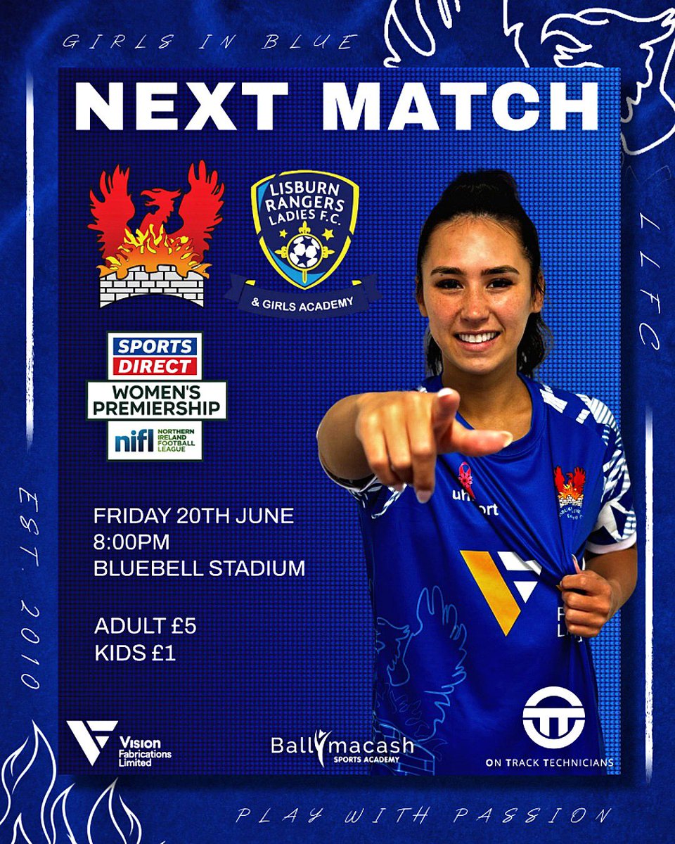 DERBY MATCH 💪⚽️💙

This Friday we welcome Lisburn Rgrs to the Bluebell Stadium 

KO @ 8.00pm 
Admission @ £5.00 / £1.00 

Match Sponsor - On Track Technicians Ltd 

#girlsonlyfootballclub
#FamilyClub
#oneclub
#heartofthecommunity

GIRLS IN BLUE - PLAY WITH PASSION