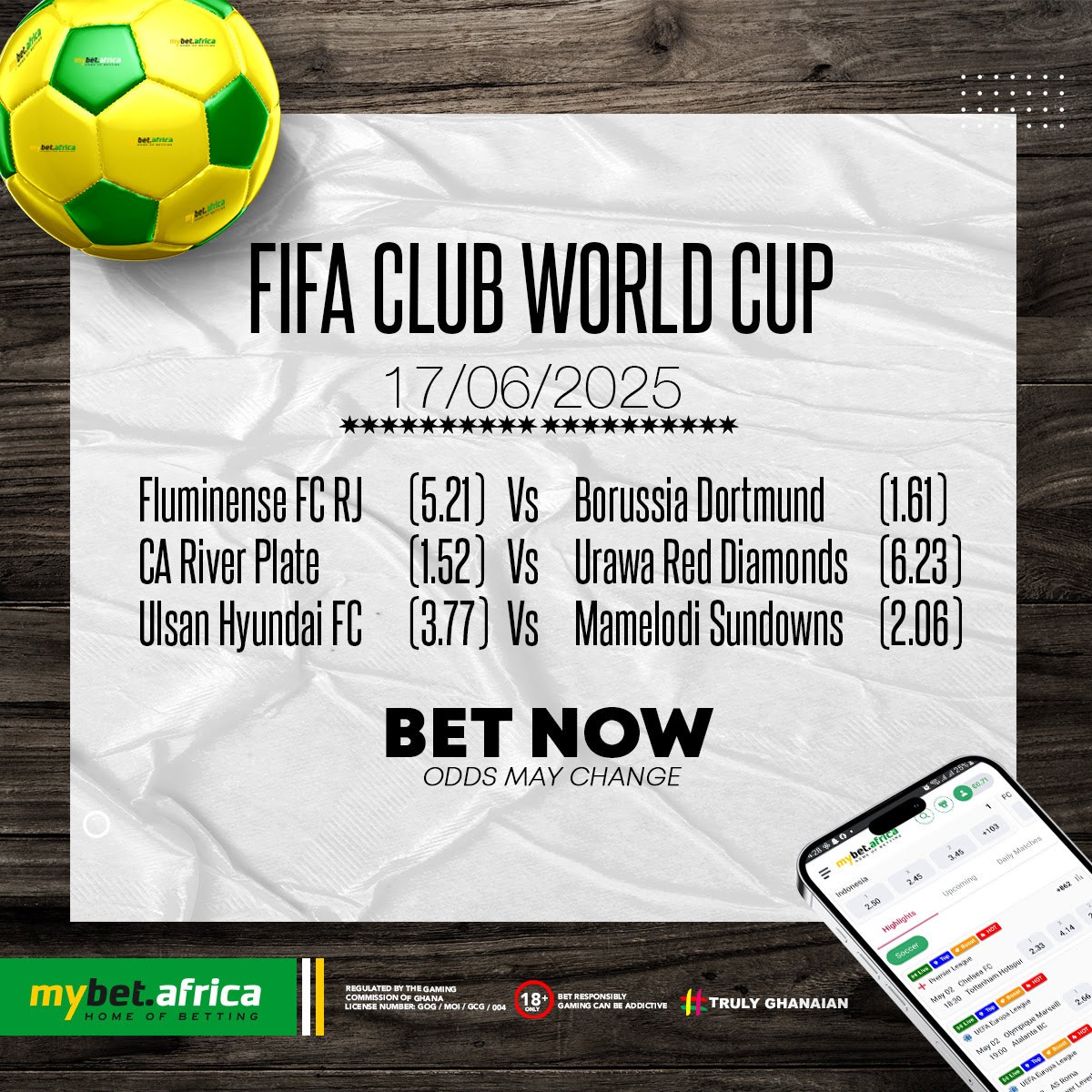 ⚽ FIFA Club World Cup - June 17, 2025 ⚽

🇧🇷 Fluminense (5.21) vs Borussia Dortmund (1.61) 🇩🇪
🇦🇷 CA River Plate (1.52) vs Urawa Red Diamonds (6.23) 🇯🇵
🇰🇷 Ulsan Hyundai FC (3.77) vs Mamelodi Sundowns (2.06) 🇿🇦

Get the best odds with MyBet Africa!
*Odds may change | Bet