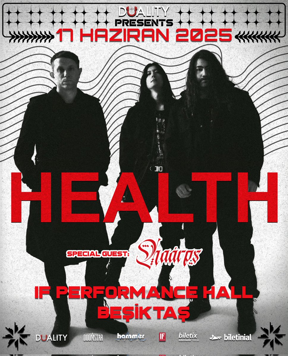 Mehmet Emre Gökgöz (@emre_gokgoz) on Twitter photo HEALTH endüstriyel, metal, elektronik ve noise gibi türlerin hepsini birbirine karıştırıp kendi evrenini yaratmış bir ekip. Türkiye'de alternatif müzik adına yılın en özel buluşmalarından olacak.
✍🏻 <a href="/DualityProdTR/">Duality Productions</a>
👋🏻 <a href="/umur_bayer/">UmurBayer</a>, <a href="/taneroztonbul/">Taner Oztonbul</a>
📍 IF Performance Hall Beşiktaş HEALTH endüstriyel, metal, elektronik ve noise gibi türlerin hepsini birbirine karıştırıp kendi evrenini yaratmış bir ekip. Türkiye'de alternatif müzik adına yılın en özel buluşmalarından olacak.
✍🏻 <a href="/DualityProdTR/">Duality Productions</a>
👋🏻 <a href="/umur_bayer/">UmurBayer</a>, <a href="/taneroztonbul/">Taner Oztonbul</a>
📍 IF Performance Hall Beşiktaş