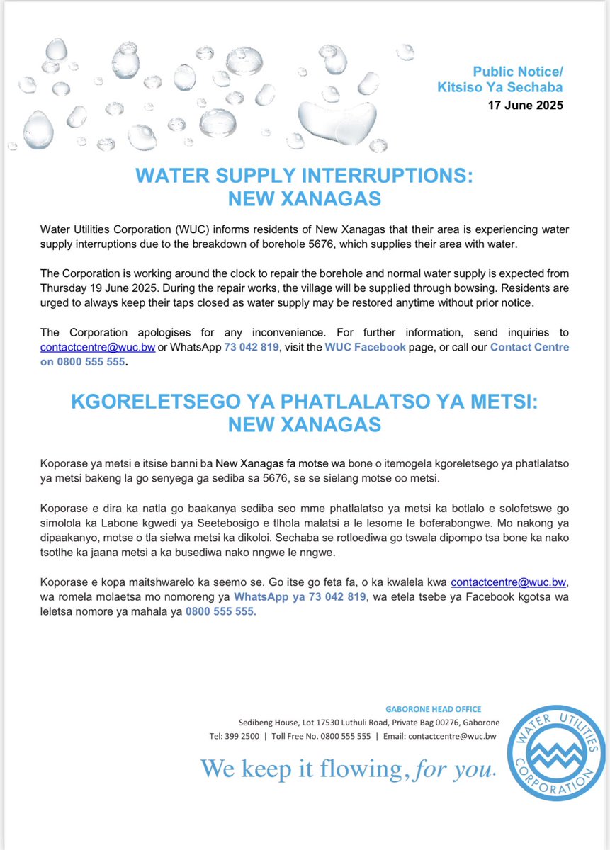 Public Notice/Kitsiso Ya Sechaba 
Water Supply Interruptions/Kgoreletsego ya Phatlalatso ya metsi 

New Xanagas