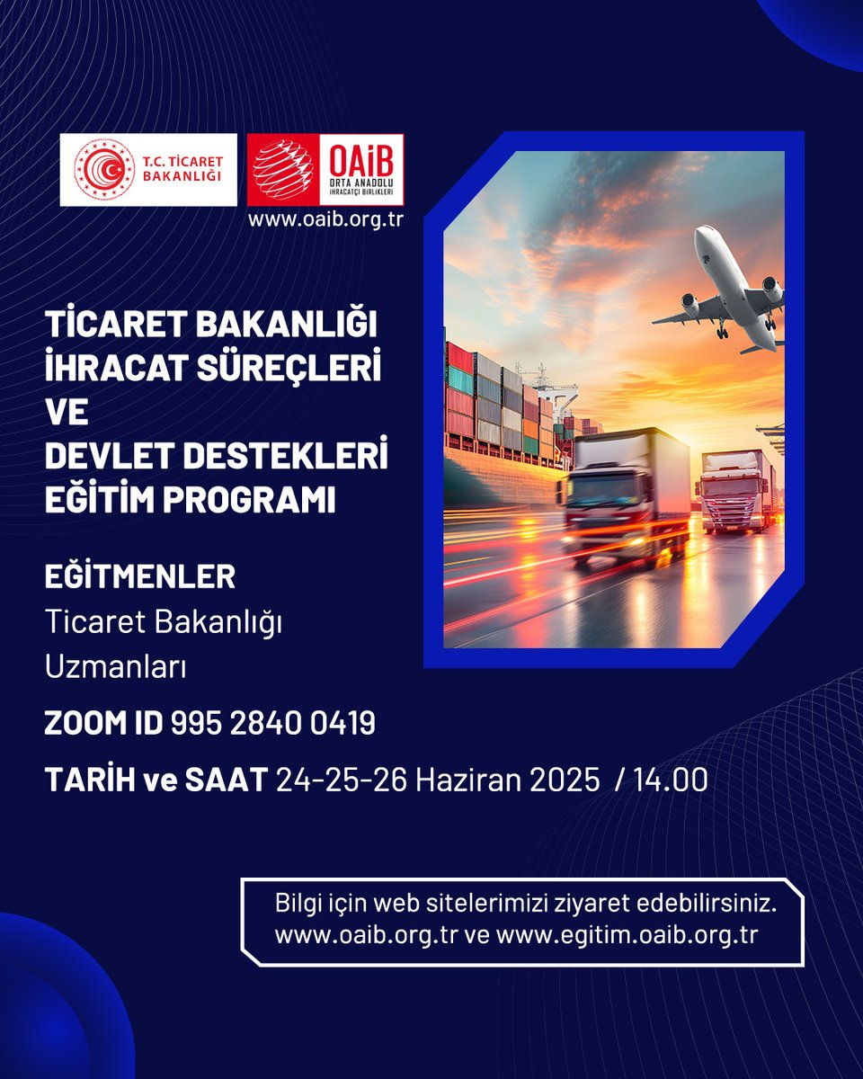 Ticaret Bakanlığı İhracat Süreçleri ve Devlet Destekleri Eğitim Programı, 24-25-26 Haziran günlerinde saat 14.00'te Ticaret Bakanlığı uzmanlarının anlatımıyla gerçekleşecektir.
Eğitimimize katılmak için profildeki linke tıklayınız.