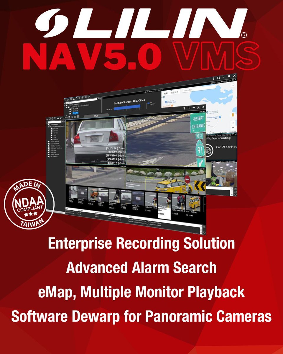 LILIN's Navigator VMS platform provides an enterprise-level solution, with up to 108 channel recording and advanced features including eMap, Multi-Monitor playback and 360° camera software dewarp. 

Contact your LILIN representative for more information.