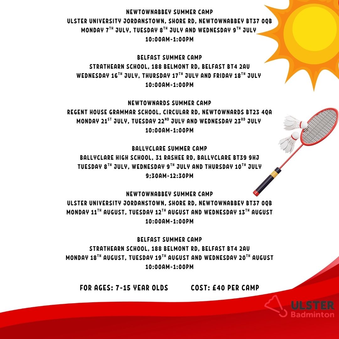 UlsterBadders (@ulsterbadders) on Twitter photo ⌛️3 WEEKS TO GO⌛️
❗️Places are filling up on all of our Summer Camps❗️
What's included:
🏸Fun badminton activities
🤝Making new friends
Check out the poster for more info🙌
Registration
📧participationofficer@ulsterbadminton.com
<a href="/belfastcc/">Belfast City Council</a>
<a href="/ANBorough/">Antrim & Newtownabbey Borough Council</a> <a href="/ANDborough/">ArdsandNorthDown</a> ⌛️3 WEEKS TO GO⌛️
❗️Places are filling up on all of our Summer Camps❗️
What's included:
🏸Fun badminton activities
🤝Making new friends
Check out the poster for more info🙌
Registration
📧participationofficer@ulsterbadminton.com
<a href="/belfastcc/">Belfast City Council</a>
<a href="/ANBorough/">Antrim & Newtownabbey Borough Council</a> <a href="/ANDborough/">ArdsandNorthDown</a>