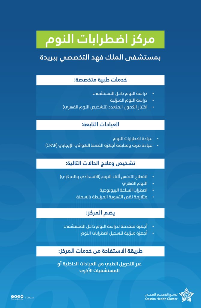 مركز اضطرابات النوم بمستشفى الملك فهد التخصصي ببريدة يقدّم خدمات طبية متخصصة وتشخيصية متقدمة لعلاج اضطرابات النوم بإشراف كوادر مؤهلة وتقنيات حديثة.