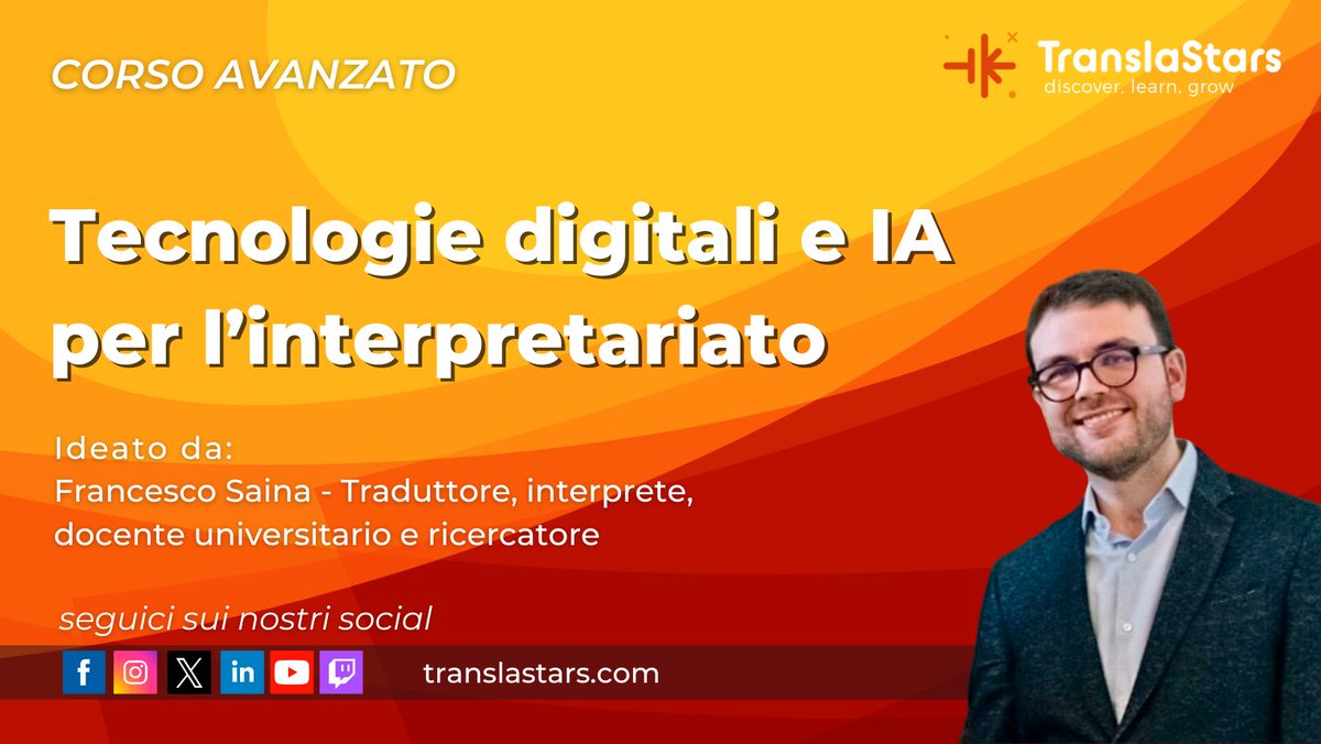 TranslaStars's tweet image. 💥 Ultima chiamata! 🚨 
Stasera l’#IA riscrive le regole dell’#interpretariato, tu ci sei?
⏳🚀 “Tecnologie digitali &amp;amp; IA” 

🗓️ 17-19/6, 18.00 CET
🏅 Trainer Francesco Saina

Impara:
🤖 NLP
🌍 InterpretariatoRemoto
🛠️ CAI
💬 Auto-interpreting

Iscriviti 👉 translastars.com/course/tecnolo…