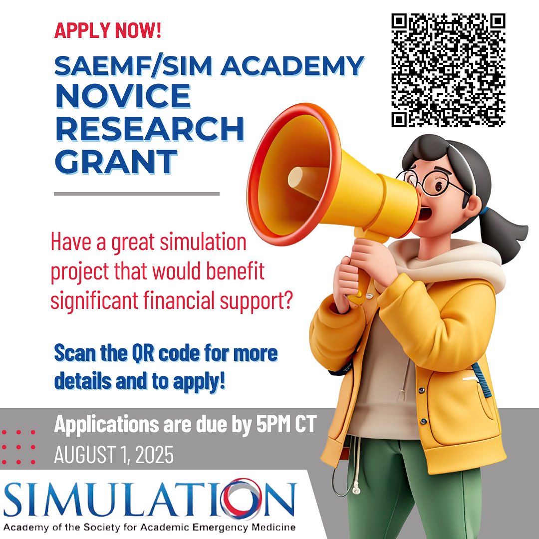 SAEMSimAcademy's tweet image. SAEMF/SIM Academy Novice Research Grant applications are now open! This grant provides $5000 for a one-year period to promote junior and new investigators in simulation-based research and scholarship. Scan the QR code for eligibility requirements and apply! #simacademy #saemf