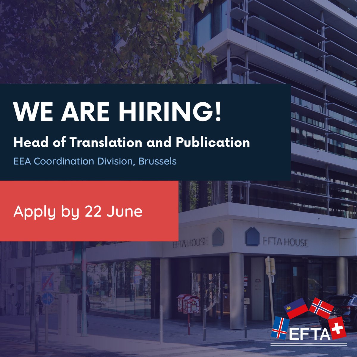 🚨 We are looking for a highly motivated and qualified Head of Translation and Publication Senior Officer to join EFTA!

📆 Apply by 22 June 2025
📍 Brussels
🔗 More details jobs.efta.int/wd/plsql/wd_po…

#Vacancy #Hiring #JobsinBrussels #Brusselsjobs