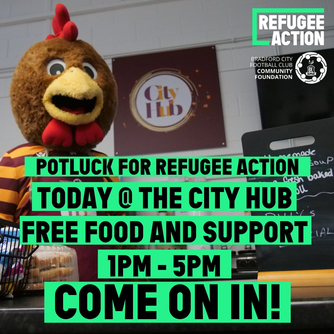 bcafc_cf's tweet image. Our @RefugeeAction #Potluck is today 🥳

The event is completely free and full of food and friendly faces 👇

😋 Lots of free food
🐔 @BillyBantam1903 will make an appearance
⏰ 1pm - 5pm
📍 The #CityHub, 36 Valley Parade, BD8 7DZ

Come and join us 👋

#BCAFC | #RefugeeWeek