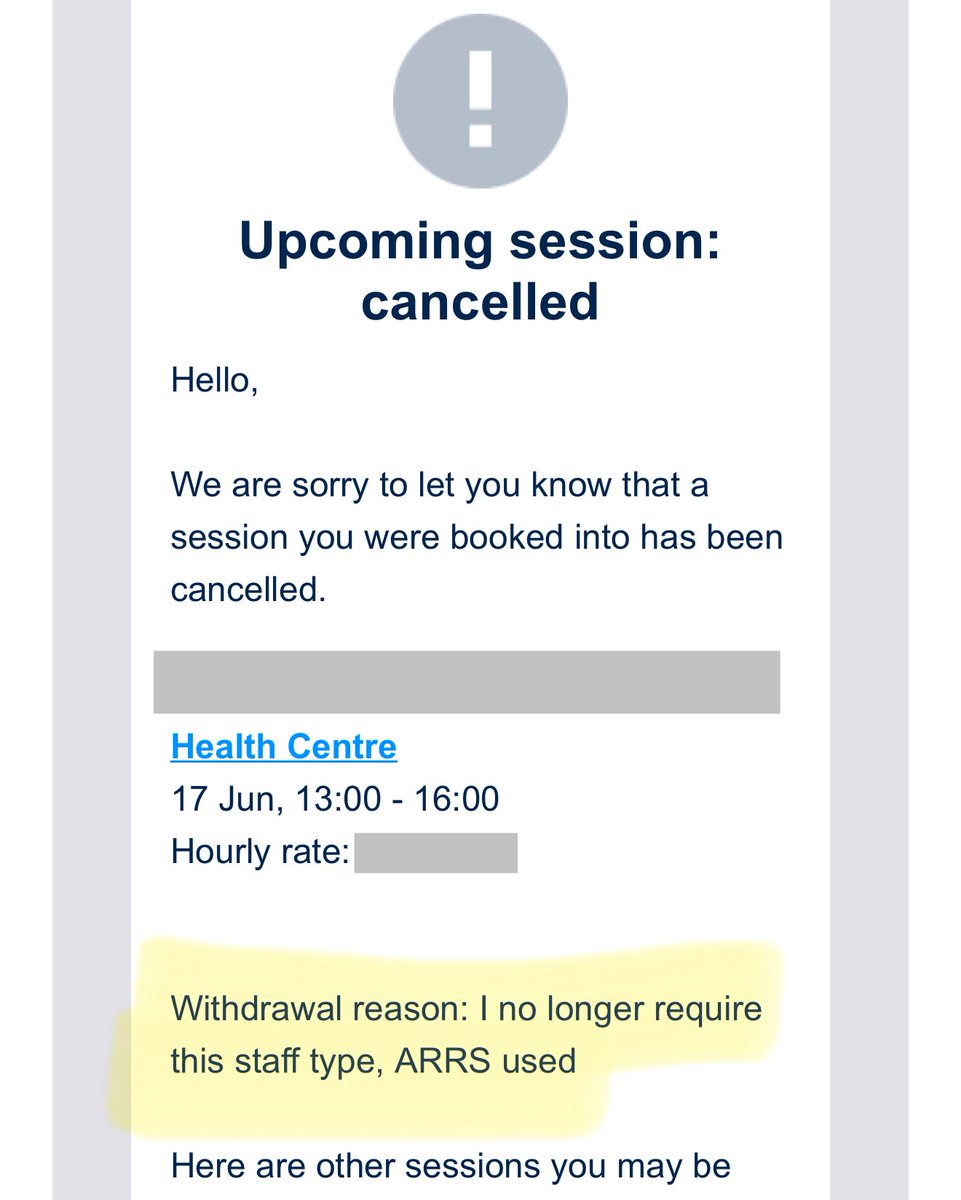 Due to work this afternoon, but practice just cancelled last minute:

“Withdrawal reason: I no longer require this staff type, ARRS used”

Now tell me practices &amp; GP partners aren’t complicit in destroying general practice.
