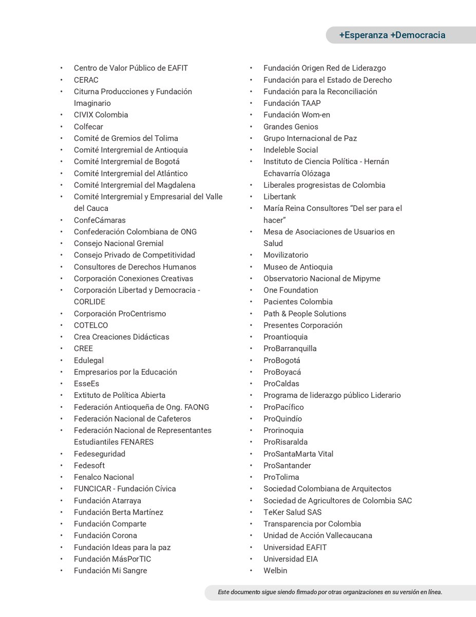 #Atención Gremios empresariales, universidades, centros de pensamiento y colectivos sociales lanzaron un contundente llamado a la unidad nacional, reclamando respeto por la institucionalidad y el cumplimiento de las reglas democráticas, en un mensaje que no incluye al presidente