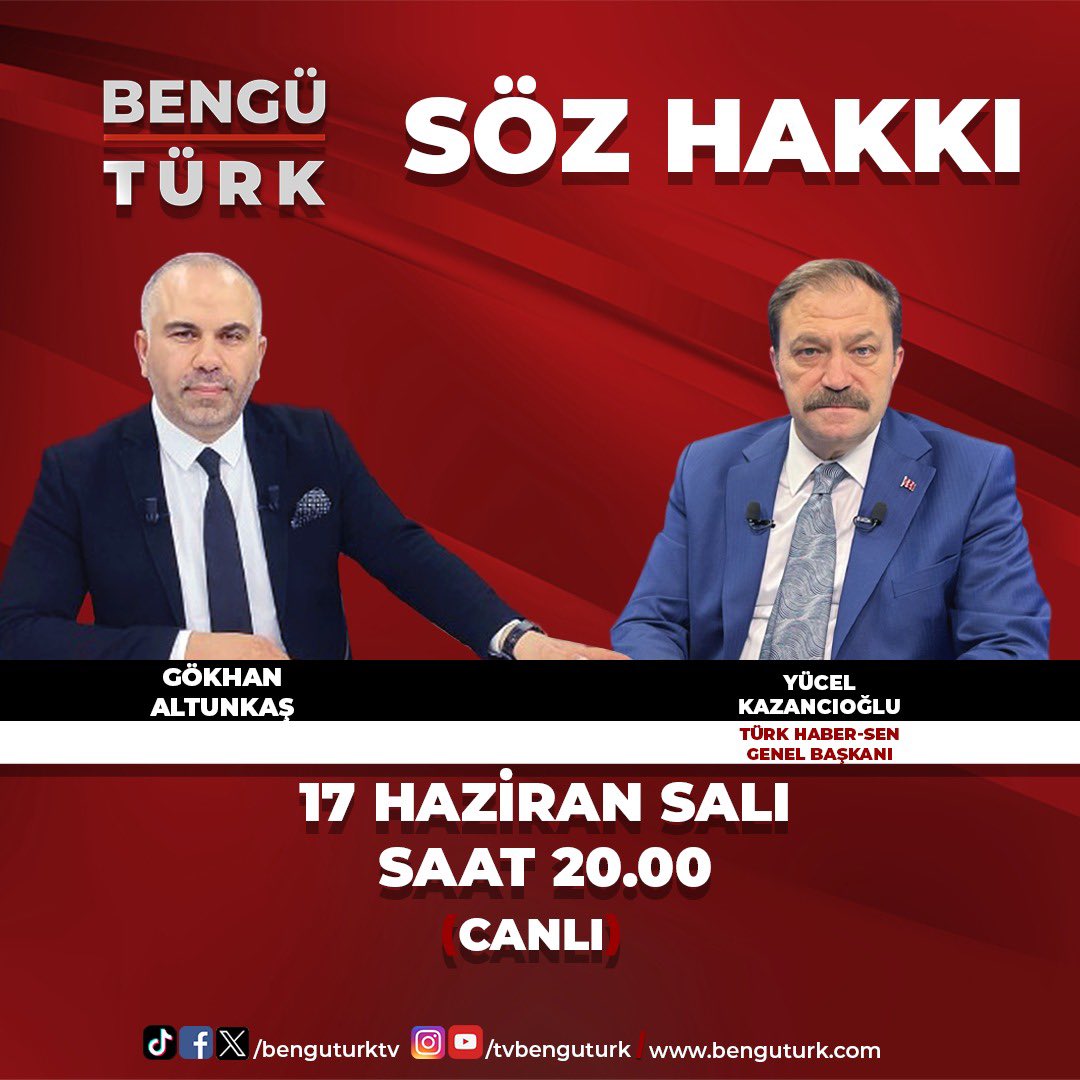 Türkiye Kamu-Sen (@kamu_sen) on Twitter photo Teşkilatlardan Sorumlu Genel Başkan Yardımcımız ve Türk Haber-Sen Genel Başkanımız Yücel Kazancıoğlu;
📅17 Haziran Salı
⏰20.00’de
📍Bengü Türk TV’de
Gökhan Altunkaş’ın sunduğu Söz Hakkı programının CANLI YAYIN konuğu olacaktır.
<a href="/yucelkazancoglu/">Yücel Kazancıoğlu</a>
<a href="/GAltunkas/">Gökhan Altunkaş</a>
<a href="/benguturktv/">Bengü Türk</a> Teşkilatlardan Sorumlu Genel Başkan Yardımcımız ve Türk Haber-Sen Genel Başkanımız Yücel Kazancıoğlu;
📅17 Haziran Salı
⏰20.00’de
📍Bengü Türk TV’de
Gökhan Altunkaş’ın sunduğu Söz Hakkı programının CANLI YAYIN konuğu olacaktır.
<a href="/yucelkazancoglu/">Yücel Kazancıoğlu</a>
<a href="/GAltunkas/">Gökhan Altunkaş</a>
<a href="/benguturktv/">Bengü Türk</a>