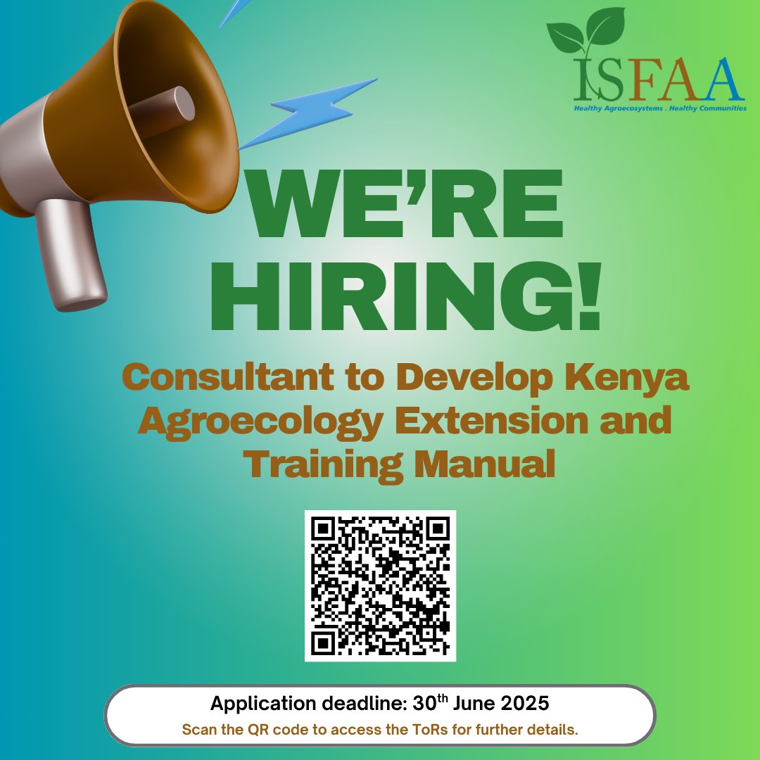 📢Consultancy Opportunity.

<a href="/ISFAAKE/">ISFAA</a> seeks a consultant to develop Kenya Agroecology Extension and Training Manual. 

Link with ToR: drive.google.com/file/d/1KQv7TL…

Application deadline: 30th June 2025