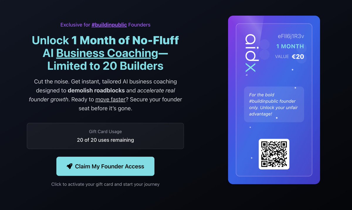 🚀 Launching a new “Business Coaching” mode in Aidx.  After battling 40% onboarding drop-off, I am looking for blind spots! Want to be 1 of 20 founders to try AI biz coaching for a month in exchange for brutal feedback? DM me “#buildinpublic” and i'll send you a gift card!