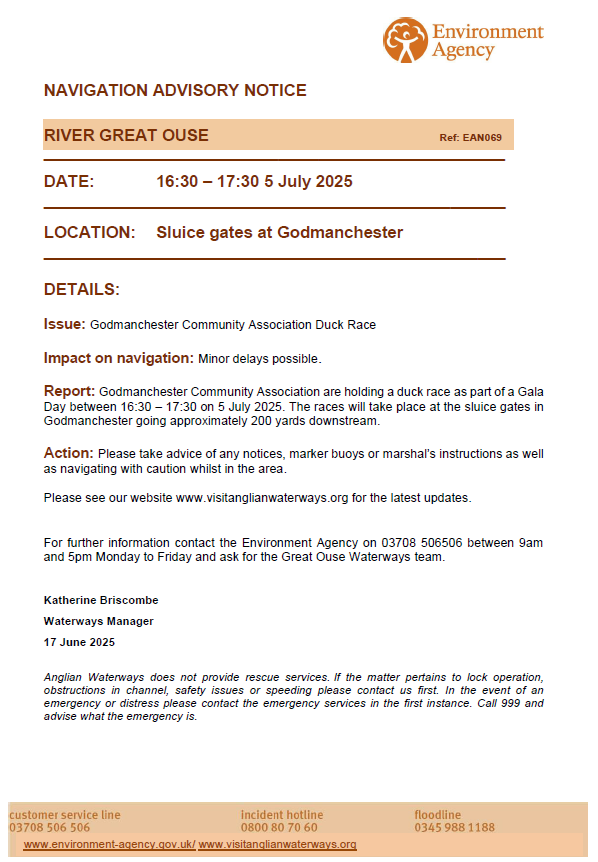 Please see our Navigation Advisory Notice for an event on the River Great Ouse.