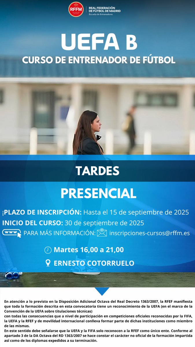 Continúa con tu formación como entrenador o entrenadora con el nuevo curso UEFA 🅱️ que comenzará el próximo 3⃣0⃣ de septiembre en Cotorruelo 🏟️ en turno de TARDE (16:00h a 21:00h)

📝 INSCRÍBETE en el siguiente enlace 👇🏻

🔗 onformacion.rfef.es/fed/soUmAGlEt2…