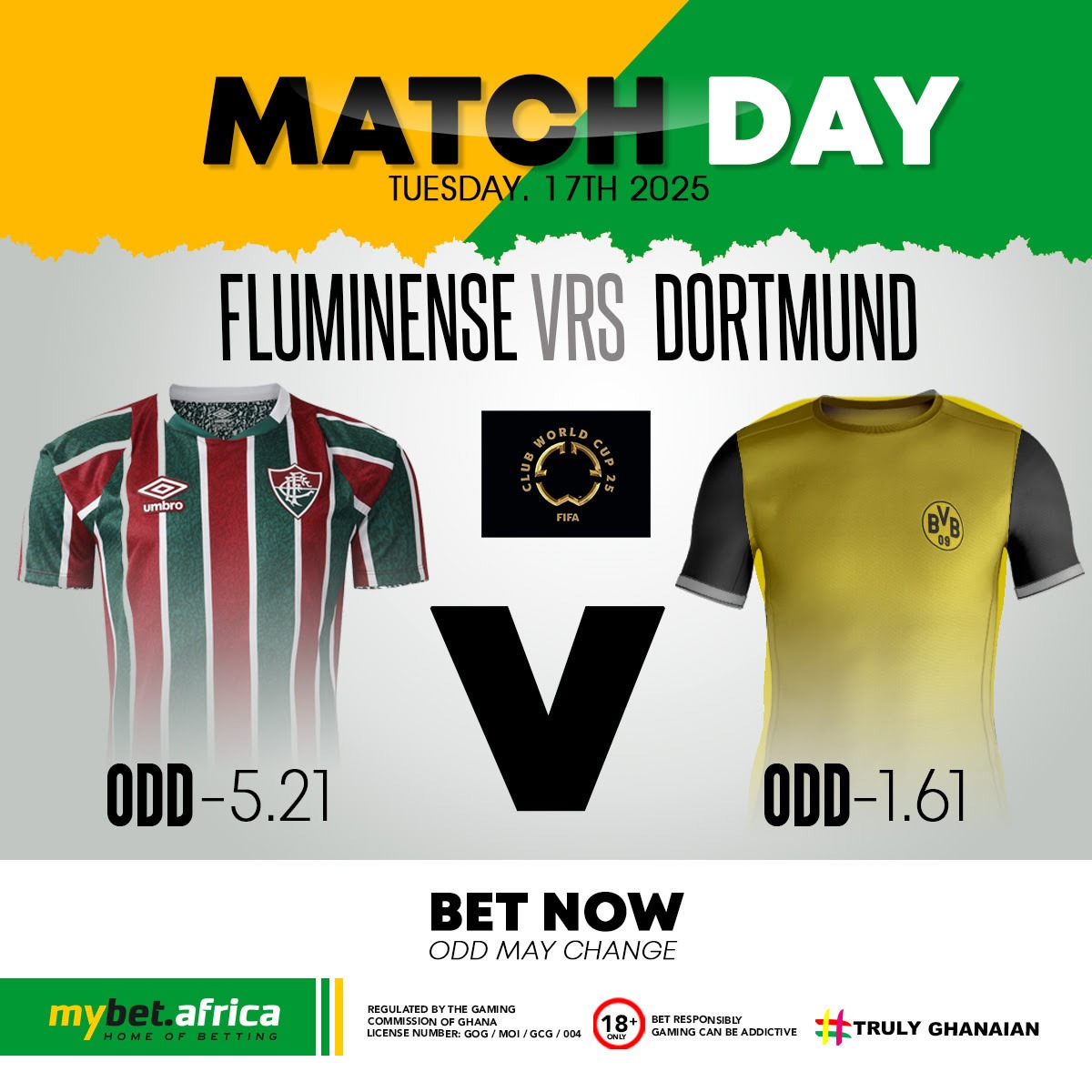 ⚽ MATCH DAY | Tuesday, June 17th, 2025 ⚽

🏆 FIFA Club World Cup 🏆
🇧🇷 Fluminense (5.21) vs Borussia Dortmund (1.61) 🇩🇪
Brazilian flair meets German precision!
Will experience triumph or can Flu spring the surprise?

Place your bets now! 📱
*Odds may change | 18+ | Bet