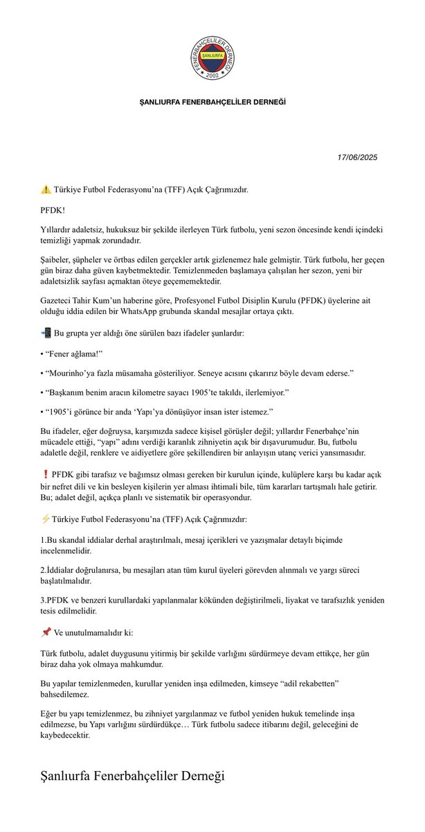 Türkiye Futbol Federasyonu’na (TFF) Açık Çağrımızdır. <a href="/TFF_Org/">TFF</a>