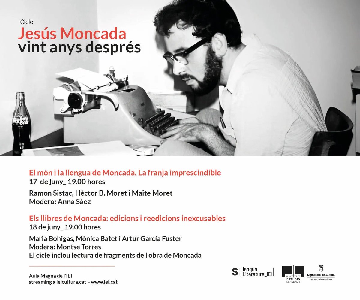 Zaragoza Lingüística (@zaragozaling) on Twitter photo 🗓️ Hoy 17 de junio a las 19h, nuestra #psylexera <a href="/MoretMaite/">Maite Moret</a> participará en la mesa redonda “El món i la llengua de Moncada. La franja imprescindible”, dentro del ciclo dedicado a Jesús Moncada, veinte años después.
📺En directo aquí: youtube.com/watch?v=ss1Koc…
<a href="/DiputacioLleida/">Diputació de Lleida</a> 🗓️ Hoy 17 de junio a las 19h, nuestra #psylexera <a href="/MoretMaite/">Maite Moret</a> participará en la mesa redonda “El món i la llengua de Moncada. La franja imprescindible”, dentro del ciclo dedicado a Jesús Moncada, veinte años después.
📺En directo aquí: youtube.com/watch?v=ss1Koc…
<a href="/DiputacioLleida/">Diputació de Lleida</a>