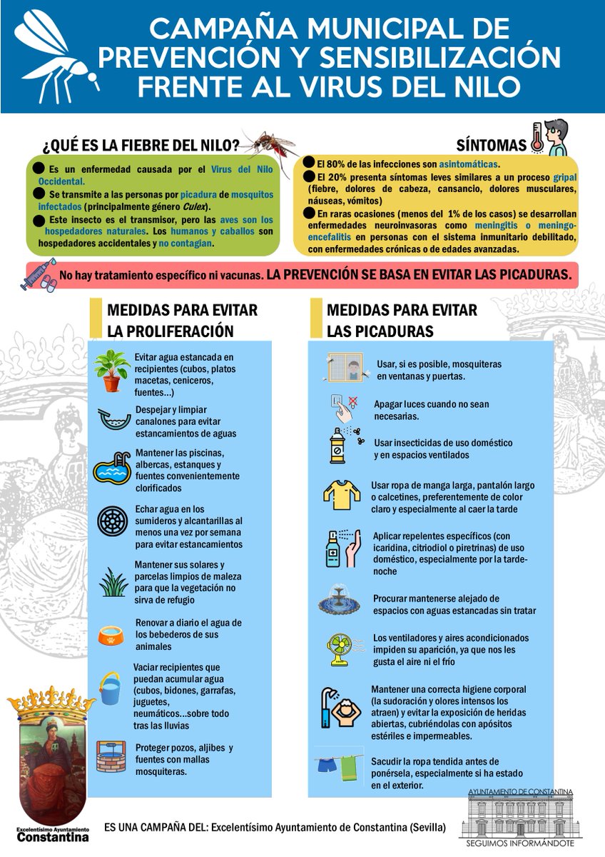Ayuntamiento de Constantina (@aytoconstantina) on Twitter photo 🦟🦟 CAMPAÑA MUNICIPAL DE PREVENCIÓN DEL VIRUS DEL NILO
El Ayuntamiento #Constantina os recuerda una serie de recomendaciones para prevenir la proliferación del mosquito que transmite el virus del Nilo.
Son sencillas medidas de prevención y protección individual. <a href="/saludand/">Consejería de Salud y Consumo</a> 🦟🦟 CAMPAÑA MUNICIPAL DE PREVENCIÓN DEL VIRUS DEL NILO
El Ayuntamiento #Constantina os recuerda una serie de recomendaciones para prevenir la proliferación del mosquito que transmite el virus del Nilo.
Son sencillas medidas de prevención y protección individual. <a href="/saludand/">Consejería de Salud y Consumo</a>