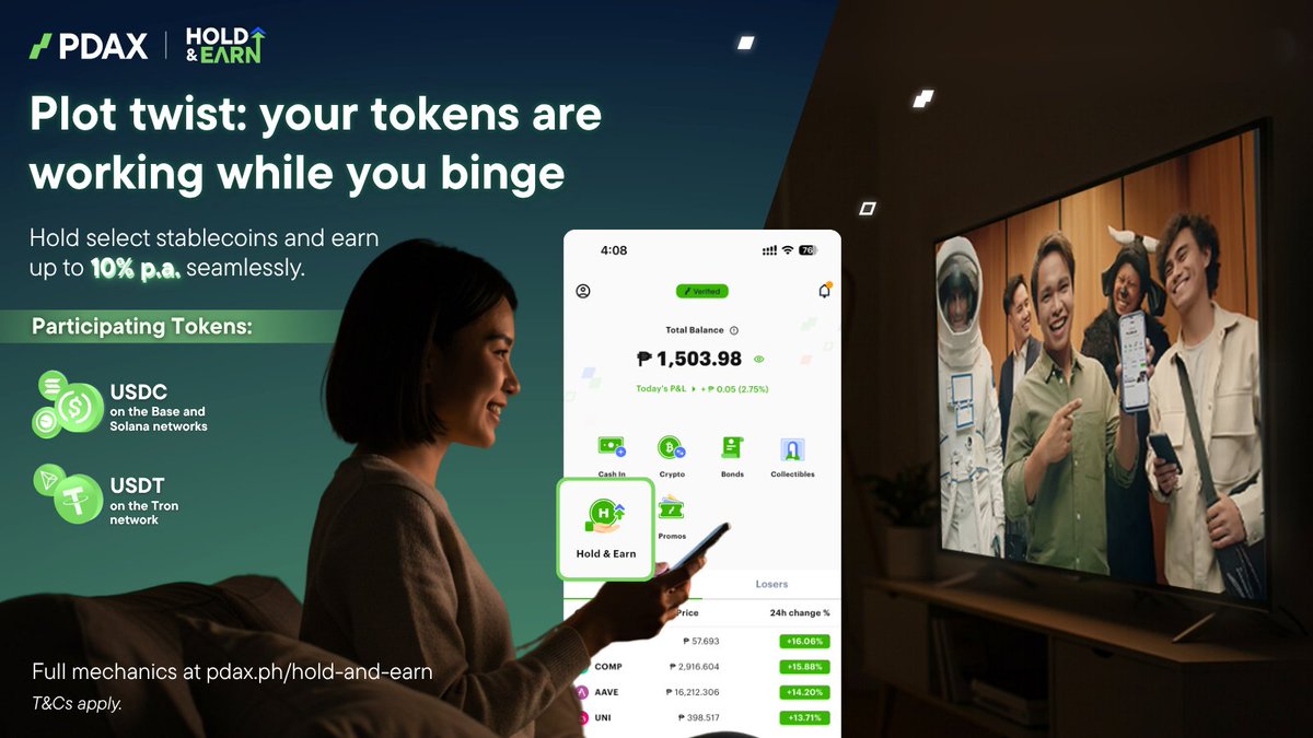 Plot twist: your tokens are working while you binge. 🎬💸

Hold select stablecoins and 𝗲𝗮𝗿𝗻 𝘂𝗽 𝘁𝗼 𝟭𝟬% 𝗽.𝗮. seamlessly.

Start earning in the background. #HoldAndEarn #YourNextMoneyMove #CryptoPH