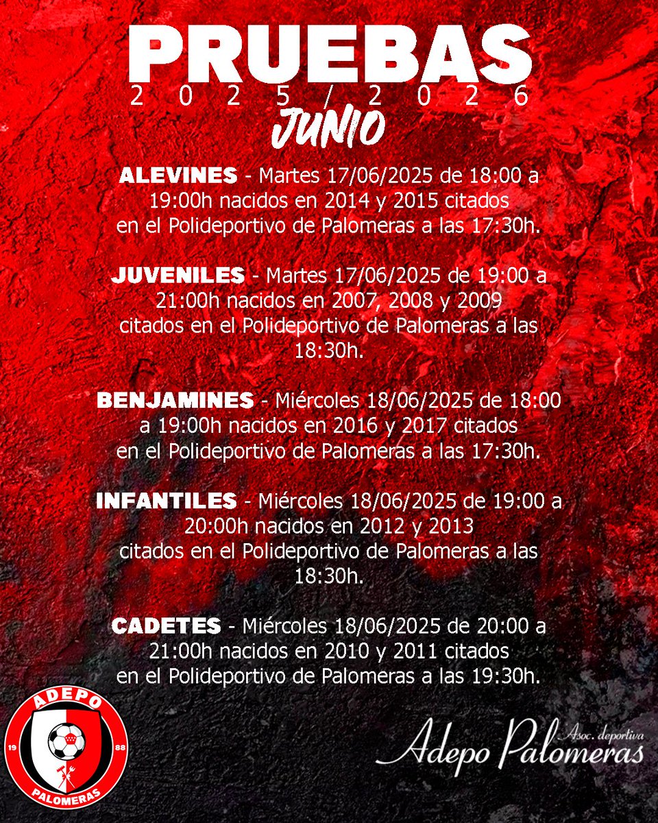 ¡Este martes y miércoles días de pruebas para formar parte de nuestros equipos de fútbol!
⚪️⚽️🔴

🗓17 y 18 de junio 

🏟Polideportivo de Palomeras (Vallecas, Madrid)

📨mangas1957@gmail.com

#fútbol #vallecas