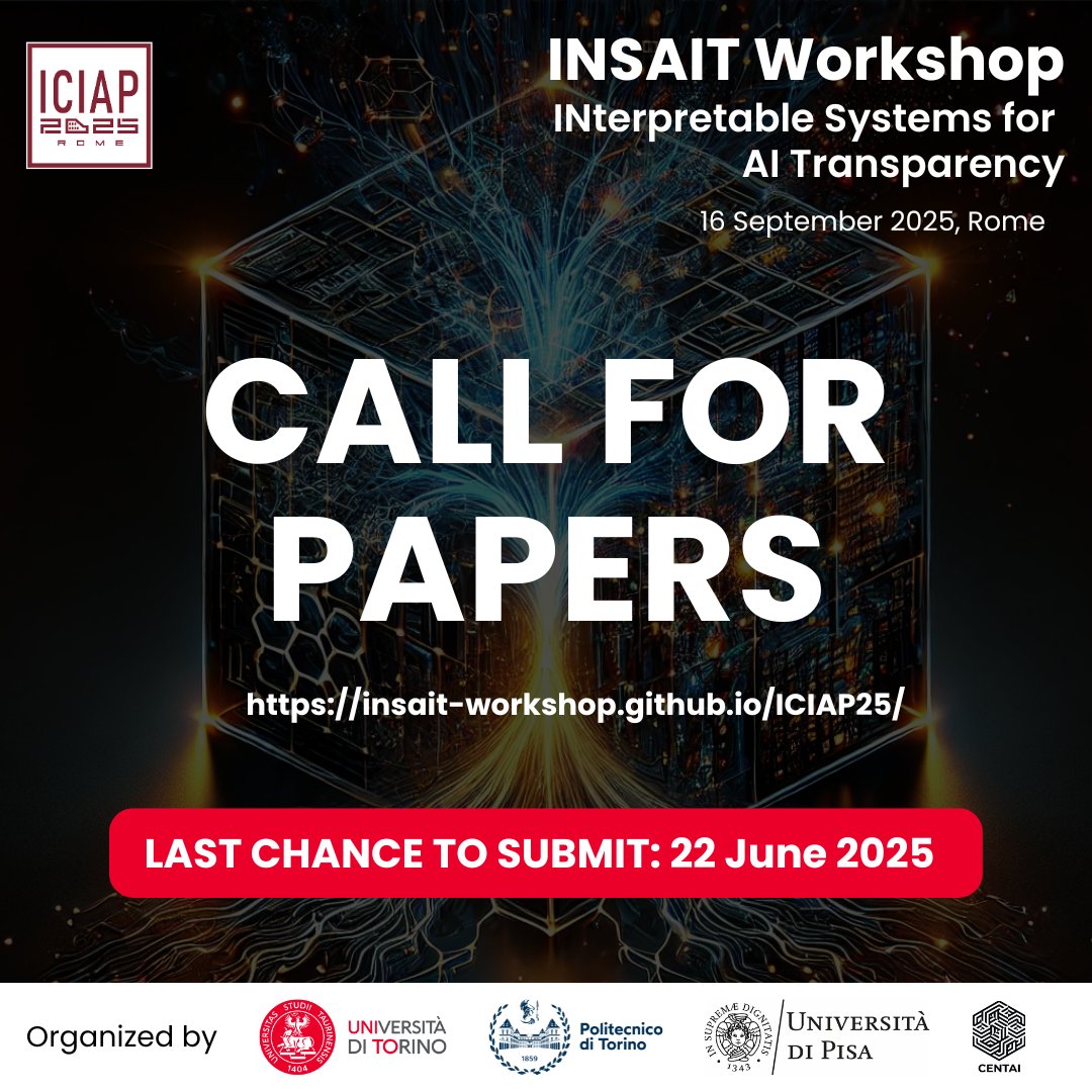 🚨 LAST CALL! 🚨
 
insait-workshop.github.io/ICIAP25/ 

#Interpretability #XAI #AIethics #TrustworthyAI #ICIAP2025 #ICIAP25 #ICIAP #CallForPapers #INSAIT25 #ExplainableAI #Workshop #ResearchOpportunity