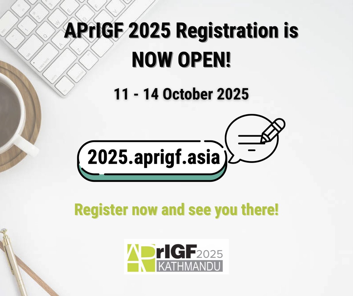 📣Registrations are NOW OPEN for APrIGF 2025!
📍 Location: Kathmandu, Nepal
📅 Dates: 11–14 October 2025
🖥️ Format: Hybrid (On-site &amp; Online)
👉 More information: ap.rigf.asia/news/2025/regi…

#APrIGF2025 #AsiaPacific #InternetGovernance #Forum #MultistakeholderDigitalGovernance