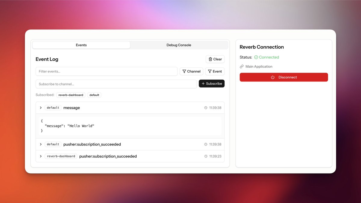 The latest version of Laravel Herd ships with an awesome Reverb dashboard to quickly debug and inspect your WebSocket payloads

Just install Reverb via Herd and open reverb-dashboard.herd.test in your browser 🚀