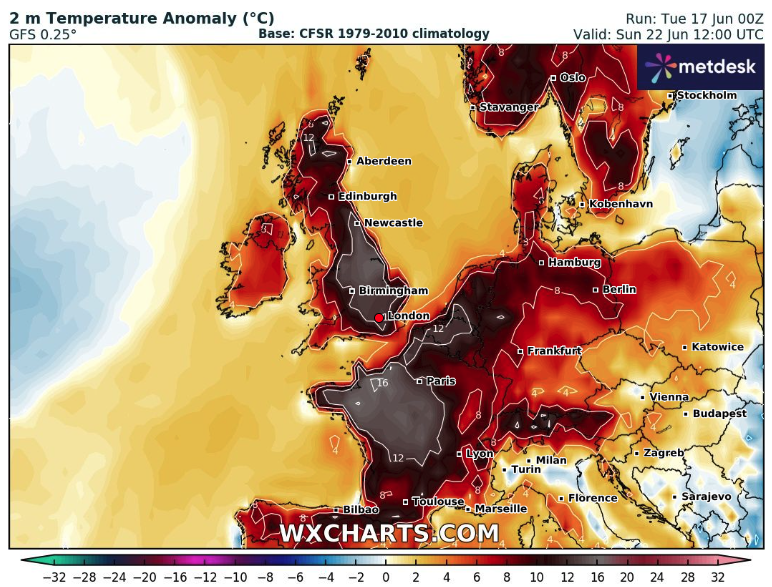 This heatwave continues to intensify across Europe - the UK and France will experience incredible June temperature anomalies of between 12–16°C above normal. Extreme, dangerous heat for vulnerable groups. As the planet warms, these deadly events are becoming more frequent.