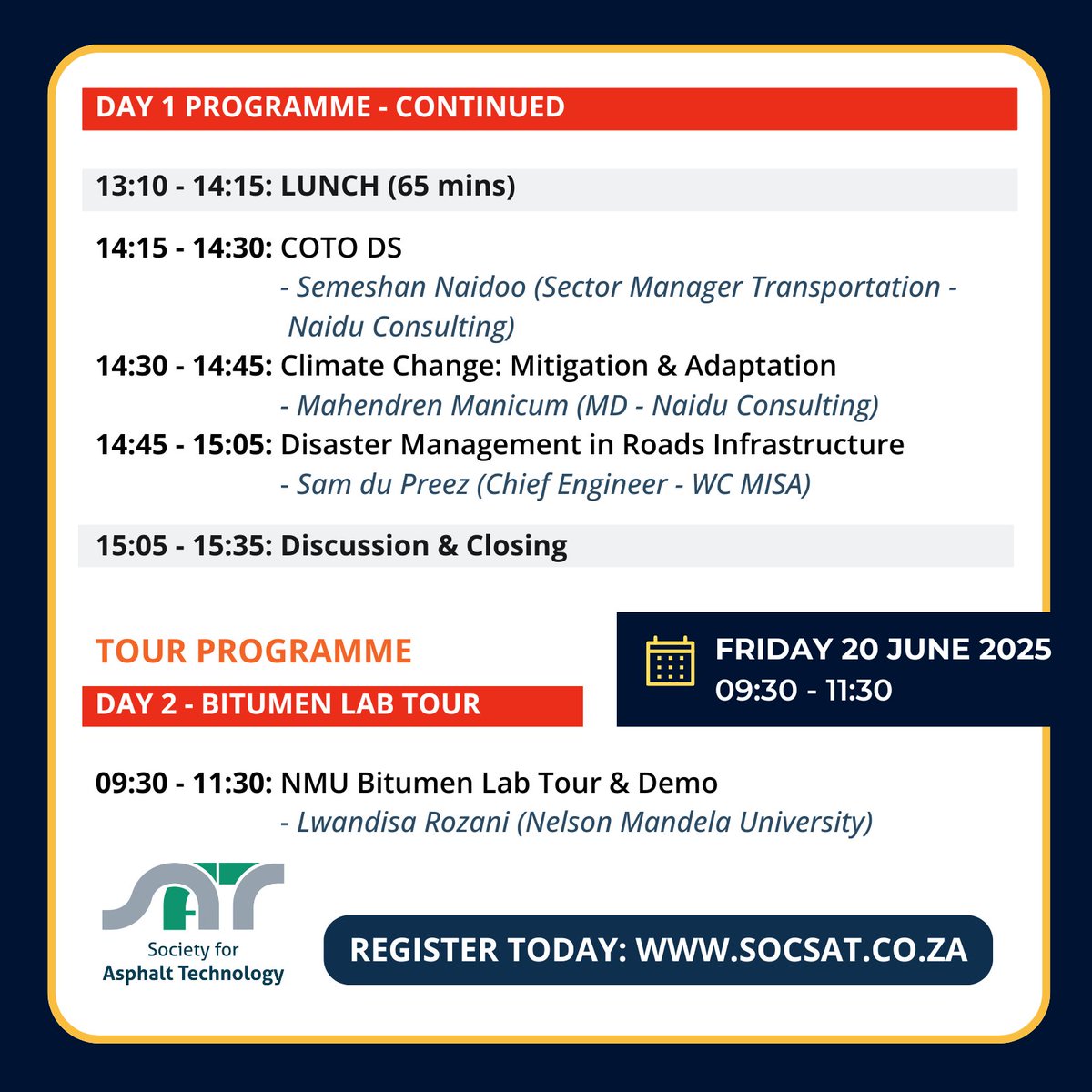 Check out our Full Day Programme for #SATEasternCape Region's Hybrid Seminar taking place THIS THURSDAY 19 June: RESILIENT ROADS INFRASTRUCTURE IN THE EASTERN CAPE + complimentary in-person tour &amp; demo at <a href="/MandelaUni/">Mandela University</a>'s Bitumen Lab the following day. 

socsat.co.za/register-now/