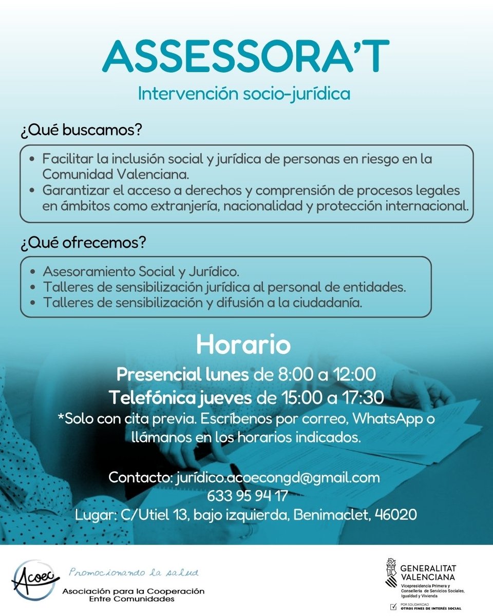 ⚖️ Más de 100 personas han recibido orientación legal con "Assessora't": un servicio de ACOEC para garantizar derechos en extranjería, nacionalidad y asilo. 

👉🏽Información clara, trato cercano y apoyo real. Financiado por @gvaigualtat vía IRPF. 🤝📄