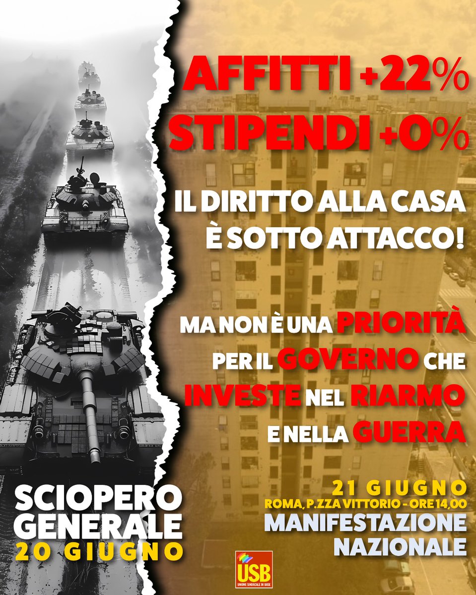 Ti lasciano senza casa
ma trovano i soldi per missili e carri armati
mentre a Roma l'affitto di un monolocale costa quasi l'80% in più del 2024 a Bologna il 23%
e a Milano un bilocale supera i 1200 euro al mese di affitto
il governo #Meloni destinerà alla difesa 35 miliardi di €