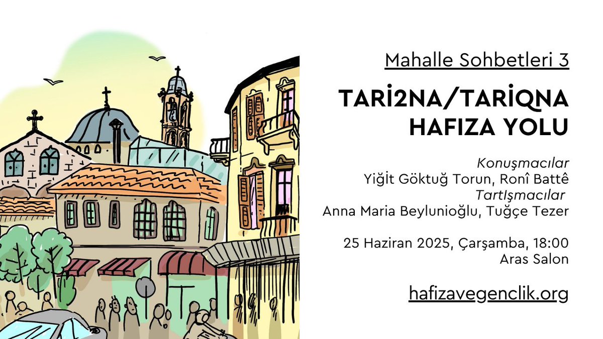 📢 Mahalle Sohbetleri’nin üçüncüsünde Aras Yayıncılık’ta buluşuyoruz.

Odakta bu kez Antakya’nın kent hafızasında iz sürmeye çalışan genç bir yürüyüş var.

Yiğit Göktuğ Torun ve Ronî Battê’nin geliştirdiği “Tari2na/Tariqna Hafıza Yolu” projesi, 6 Şubat depremlerinin ardından