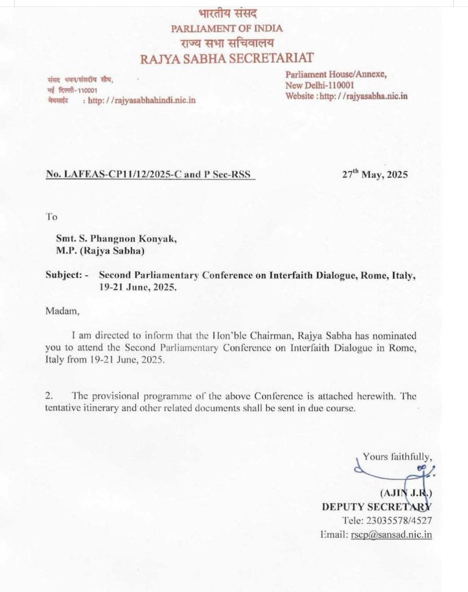 Heartiest congratulations to <a href="/SPhangnon/">S. Phangnon Konyak</a> in representing India to the Second Parliamentary Conference on Interfaith Dialogue, to be held in Rome, Italy, from 19-21/6/2025.
Organised by the Inter-Parliamentary Union and the Italian Parliament in cooperation with Religions for Peace