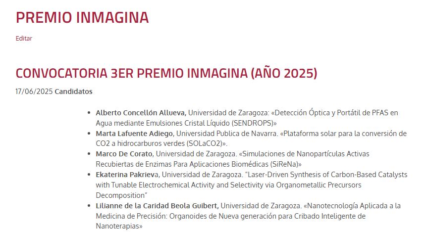 CatedraSAMCANa1's tweet image. 📢📢 Listado de solicitudes al Premio INMAGINA 2025
catedrasamcananotec.unizar.es/inmagina/
Conoceremos al ganador en la VI Gala de la Nanotecnología. Aun no te has apuntado ⁉ Las plazas vuelan
Regístrate en: catedrasamcananotec.unizar.es/vi-gala-de-la-…
