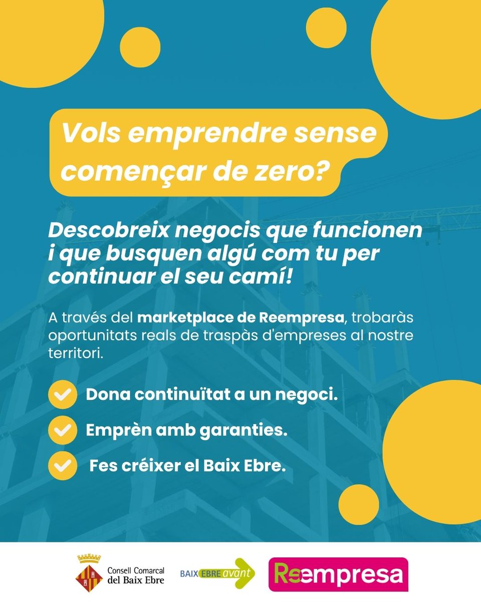 Vols emprendre sense començar de zero? 🌱
Al #BaixEbre hi ha negocis que busquen relleu!
Descobreix oportunitats de traspàs reals amb el marketplace de <a href="/Reempresa/">Reempresa</a> 👉 reempresa.org
#Reempresa #Emprenedoria #NegocisQueContinuen #Autoocupació